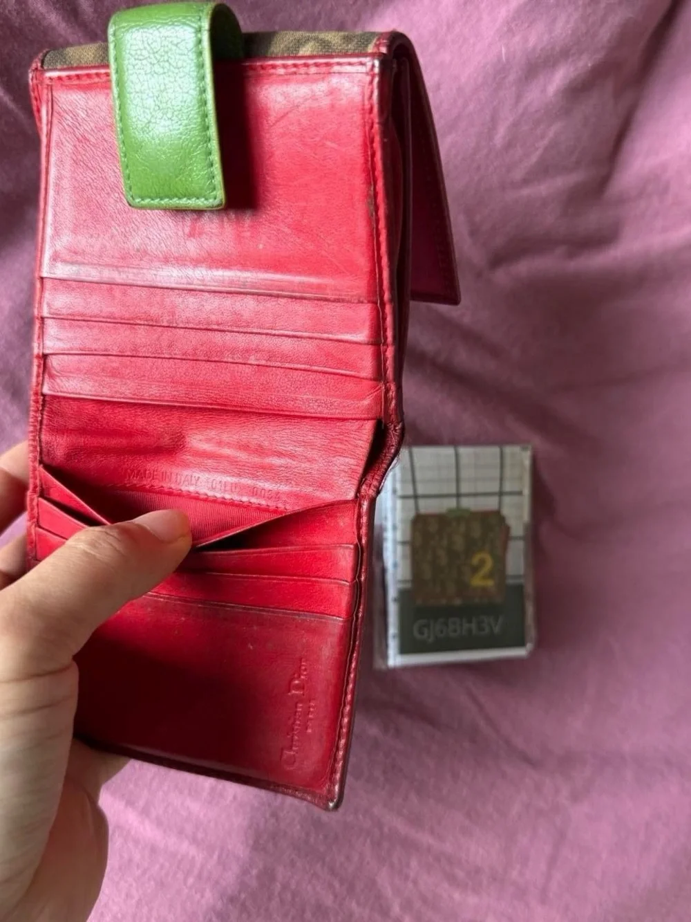 Dior Monogram Canvas Wallet with Burgundy Trim and Yellow Patch
